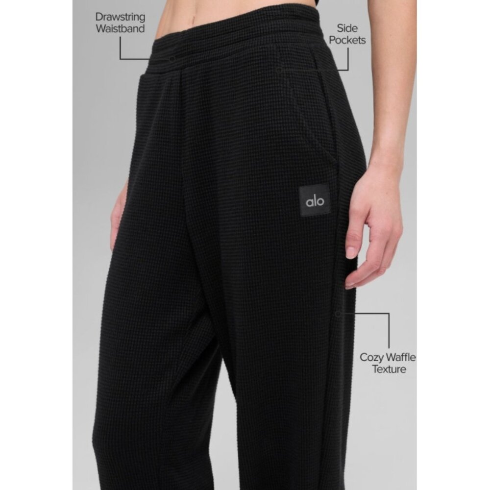 Alo Waffle Weekend Escape Joggers Black High-Rise Waist Thermal Sweats Sweatpant - Picture 6 of 12